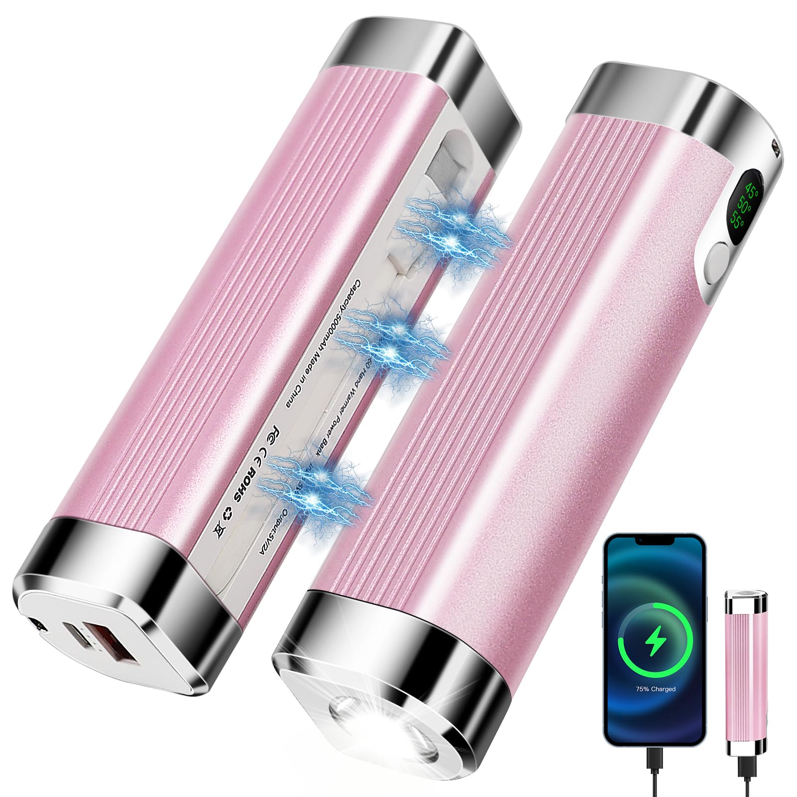 Hand Warmers Rechargeable 2 Pack,Upgrade 10000mAh 3 in1Magnetic Hand Warmer,Portable USB&Long Lasting Quickly Pocket Heating Handwarmer for Outdoor Activities Gift For Women Men-Pink