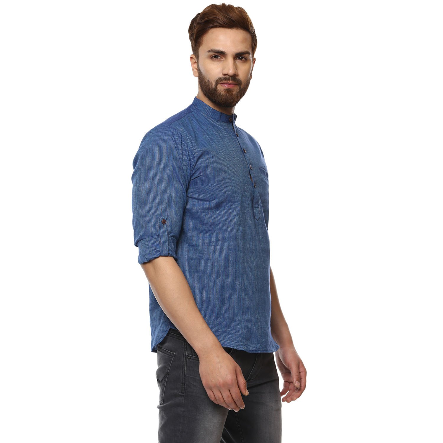 baali men's cotton stripes printed dark blue colour roll-up short kurta