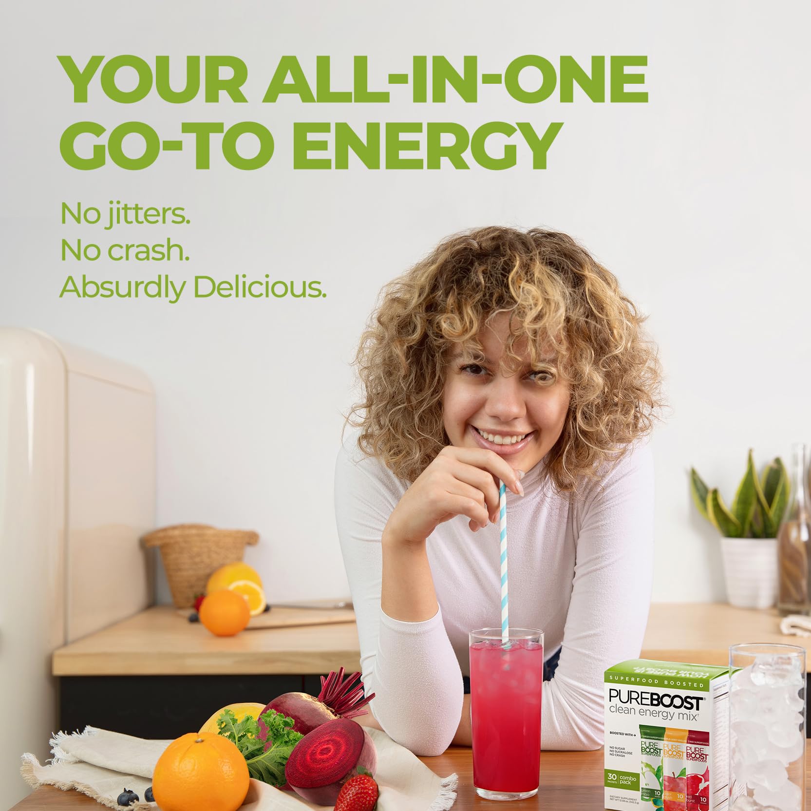 Pureboost Clean Energy and Superfoods Bundle. 60 Stick Packs Boosted with B12, Vitamin C and More. Fruity Combo Pack + Superfoods Combo Pack which Includes 7 Organic Superfoods + Apple Cider Vinegar