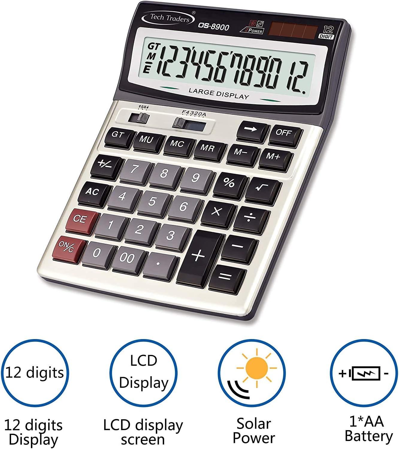 Extra Large Desktop Calculator, Extra Large Key Solar and Battery Dual Power Portable 12 Digit Large LCD Display - Image 3