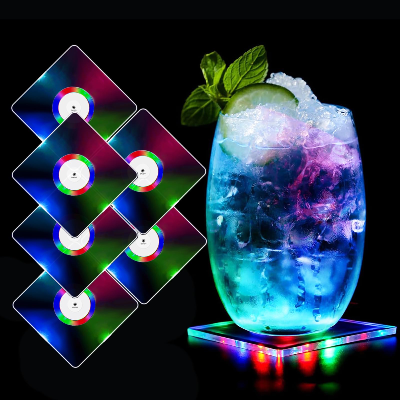 MEDOYOH Set of 6 Square Colour LED Coasters for Drinks, ON/OFF Disposable Daily Waterproof Acrylic Light Up Coasters for Beer Cocktail Parties Weddings Bar Christmas Home Pub