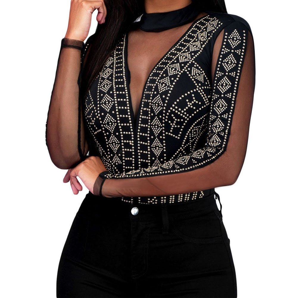 LradyWomen's Sheer Mesh Turtleneck Neck See Through Leotard Bodysuit Body Tops