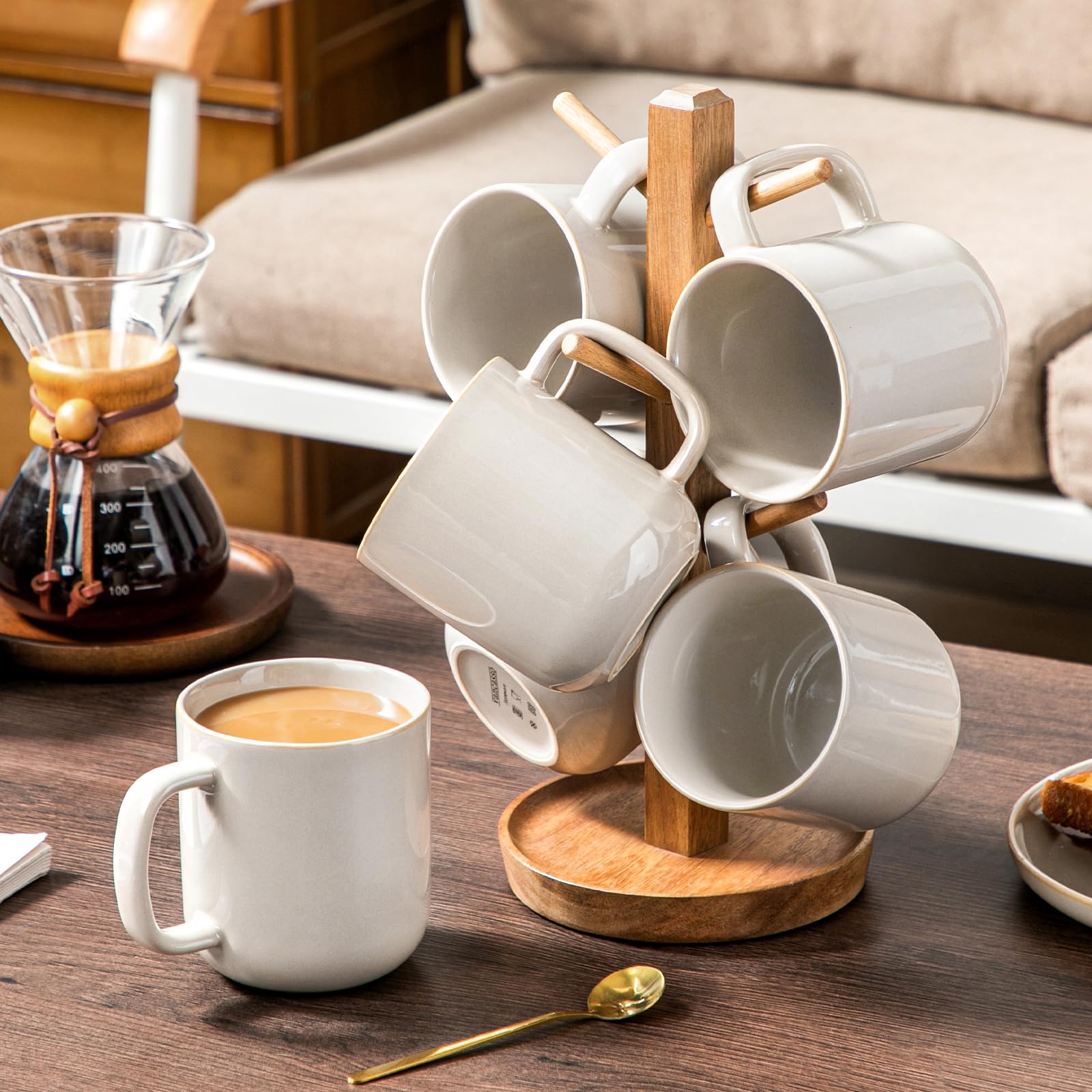 Kaffeetassen Set 6er, vancasso PLAYA Tassen Set 6 Stück mit Henkel 480ml, Teetassen aus Steingut, Mikrowellen und Spülmaschinenfest, Soft Beige 6