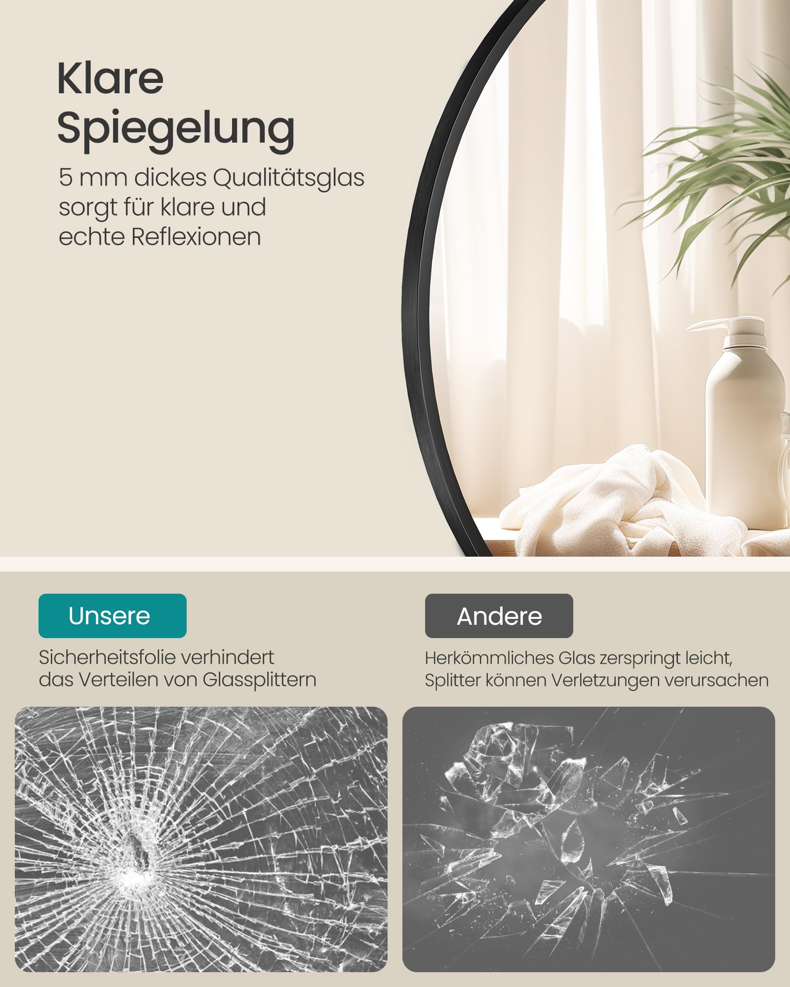 SONGMICS 105 cm d Spiegel rund, runder Spiegel, Wandspiegel, Metallrahmen, einfache Montage, modern, für Bad, Wohnzimmer, Schlafzimmer, Flur, Eingangsbereich, tintenschwarz LWM106BD01 3