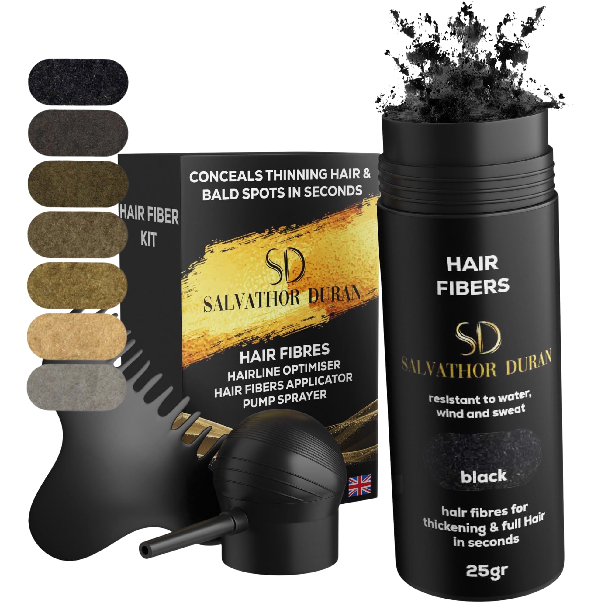 Hair Fibres Salvathor Duran 25 g - Kit 3 Units (Fibers + Applicator + Hairline Comb) - Hair Fibre (Black)