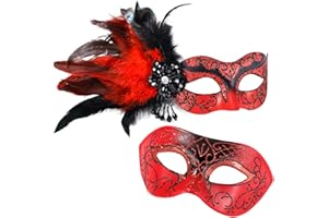 MYSEUNI Red Masquerade Mask for Couple -Masquerade Mask Women with Feathers & Venetian Mask Men for Masquerade Party, Mardi Gras, Halloween Cosplay Prom, Christmas
