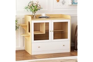 DAWNSPACES Extra Large Cat Litter Box Enclosure Furniture Hidden, Cat Condo Cabinet Pet House with Stairs for 2, Nightstand Side Table witha Large Drawer for Living Room, Natural
