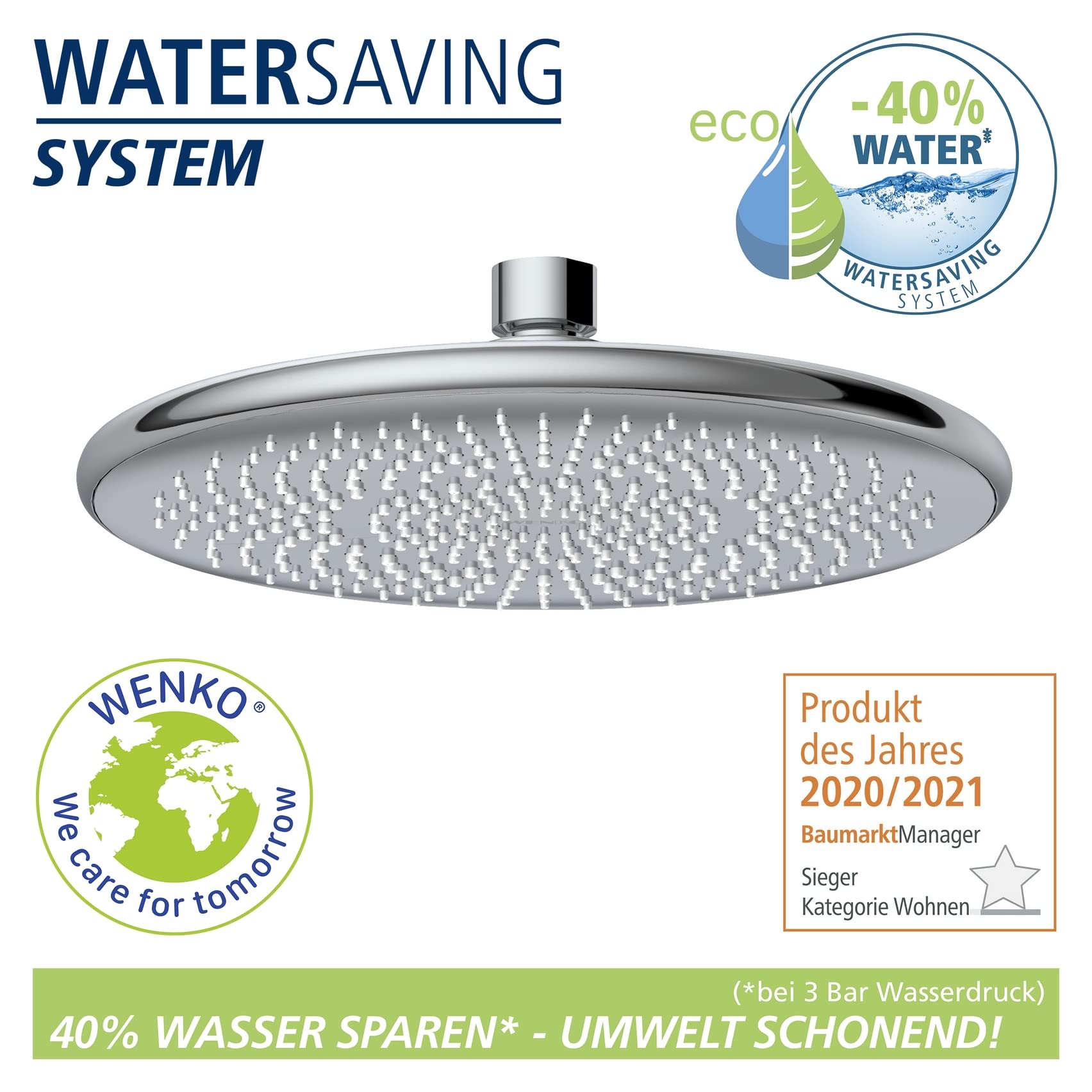 WENKO Wasserspar Regenduschkopf Watersaving, Kopfbrause mit Wasserspar-System, ABS, Chrom/Grau, rund, Ø 22,5 cm 2