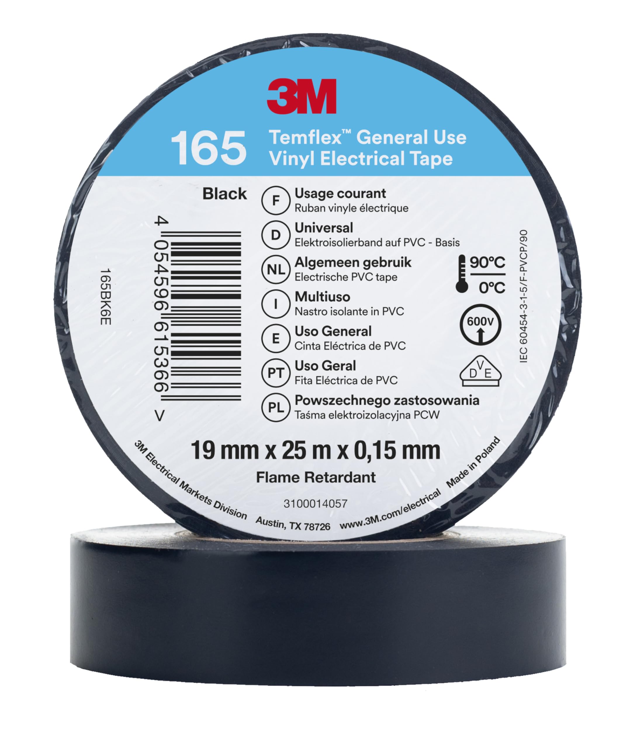 Temflex 3M Vinyl Electrical Tape 165, Black, 19 mm x 25 m, 10 Roll Pack
