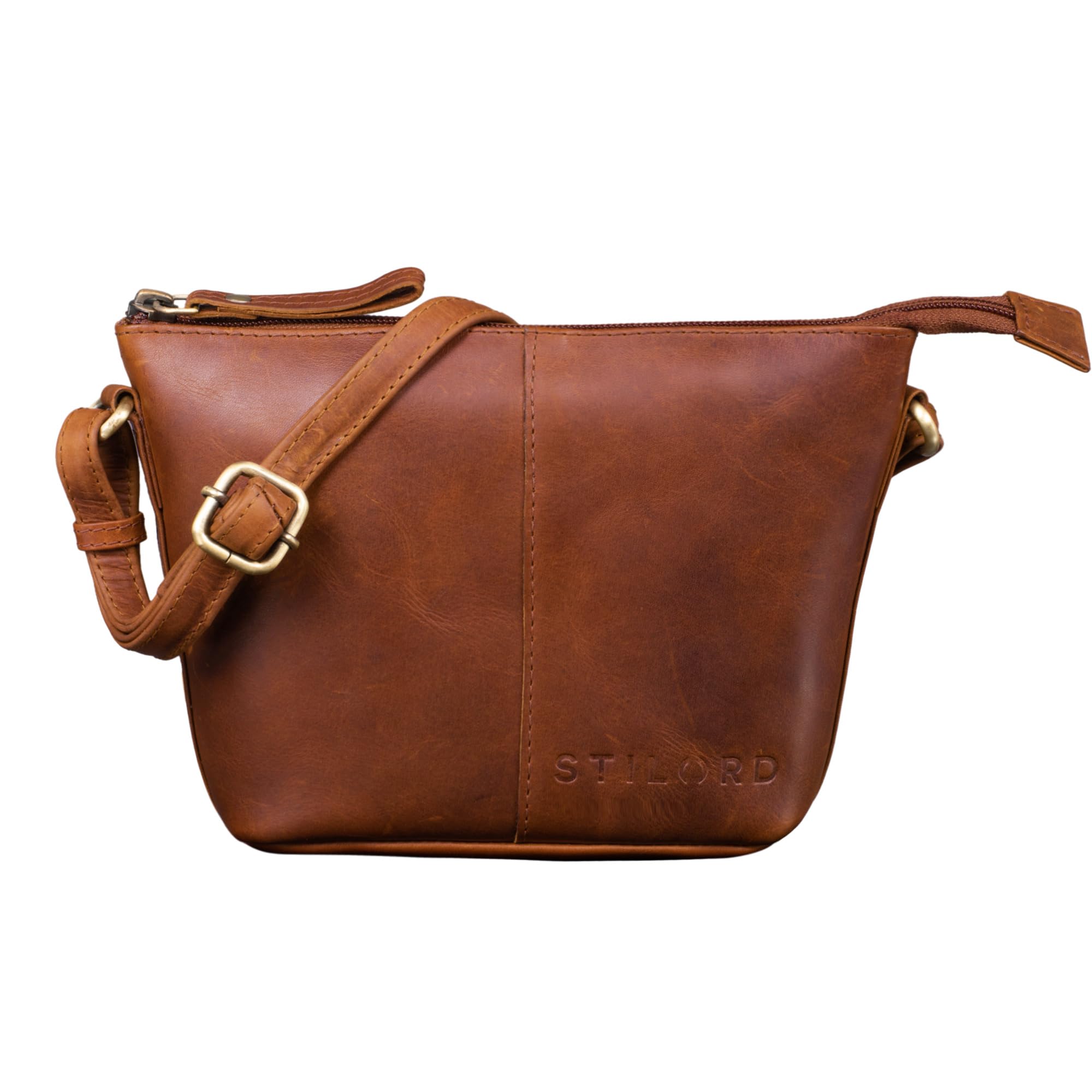 STILORD "Leila" Mini Leather Handbags for Ladies Vintage Shoulder Bag Small for Festival Disco Party XS Modern Crossbody Bag Women Genuine Leather Colour:Porto - Cognac