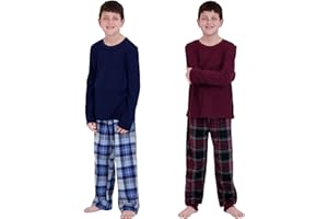 US Angels Pajamas Set for Boys, 4-Piece, Thermal Long Sleeve Shirt, Plaid Microfleece Pajama Pants