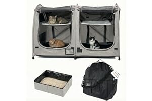 PORAYHUT Portable Twin Compartment Show House Cat Cage Condo,Comfy Puppy Home Dog Travel Crate with Carry Bag,2 Hammocks and Mats & Collapsible Litter Box and Water Bottle