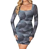 Rooscier Women's Sexy Ruched Bodycon Mini Dress Mesh Sparkly Long Sleeve Club Short Dress