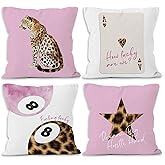 MONALET Pink Cheetah Preppy Throw Pillow Covers 18x18 Set of 4, Trendy Leopard Lucky 8 Balls Decor Pillow Cases for Teen Girls Dorm Bedroom, Retro Cheetah Print Pillowcases for Couch Bed Sofa