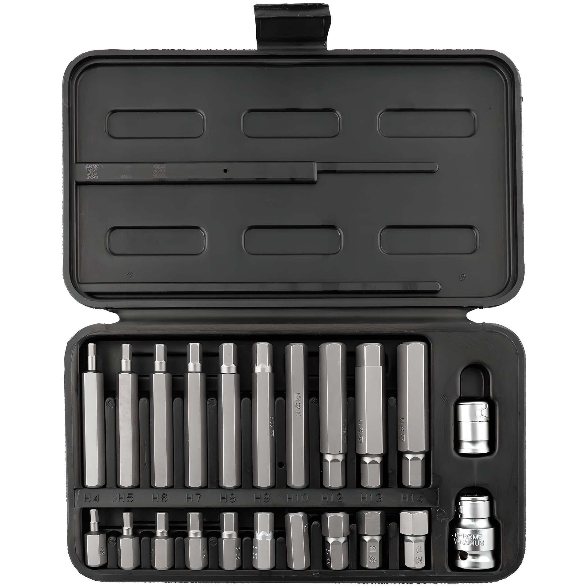 HEX Bit Set (30, 75mm) - HEX Head 22-Pieces (H4 H5 H6 H7 H8 H9 H10 H12 H13 H14) + 2 Couplers 1/2" & 3/8" inch - Allen Key (HRC 58-62) Premium S2 Cr-V Steel, 6-Point Socket Bit Set, Hex-Shank