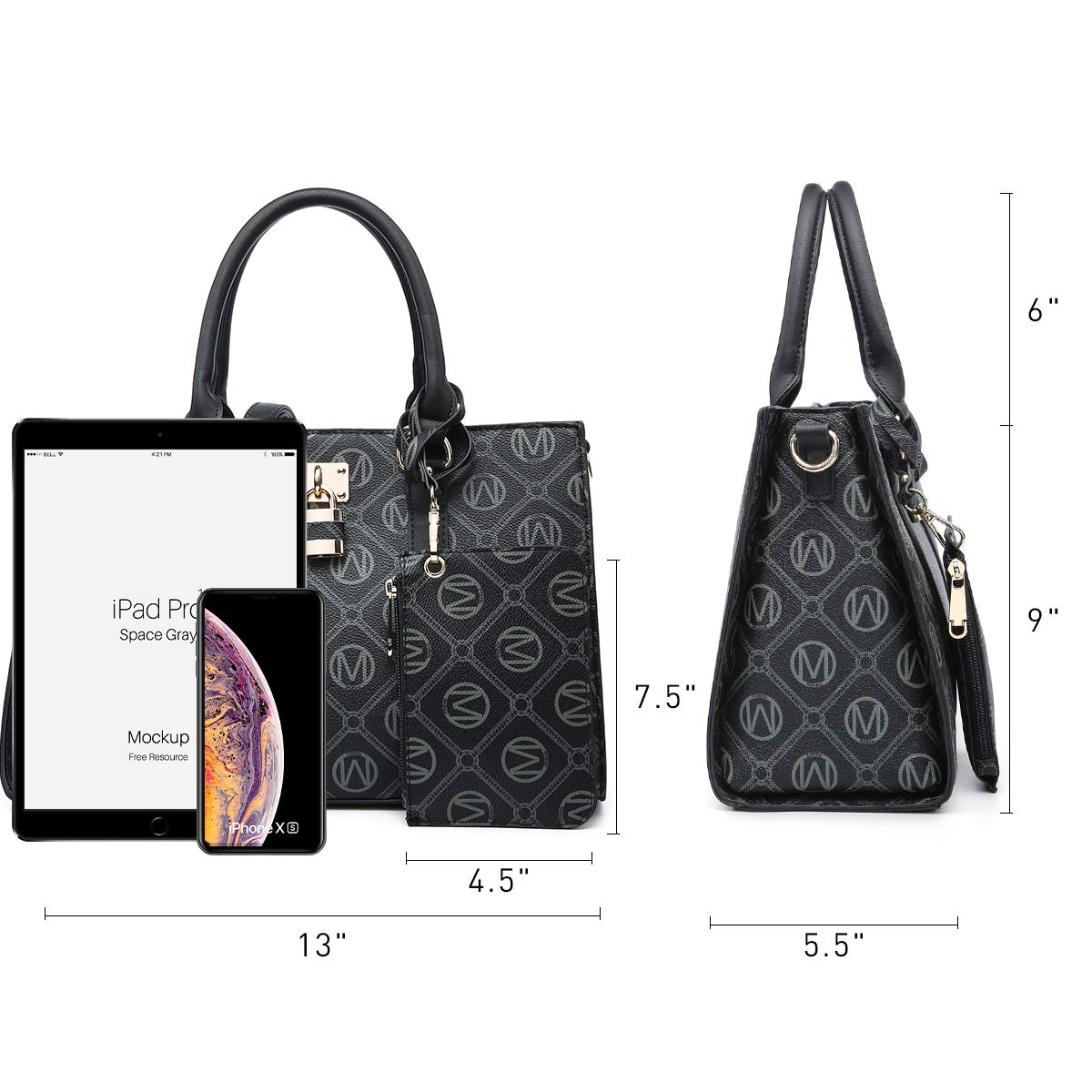 MKP Women Fashion Top Handle Handbags Purses Satchel Tote M Signature Padlock Shouler Bags Work Bag with Wallet Wristlet Set 2pcs (Black)