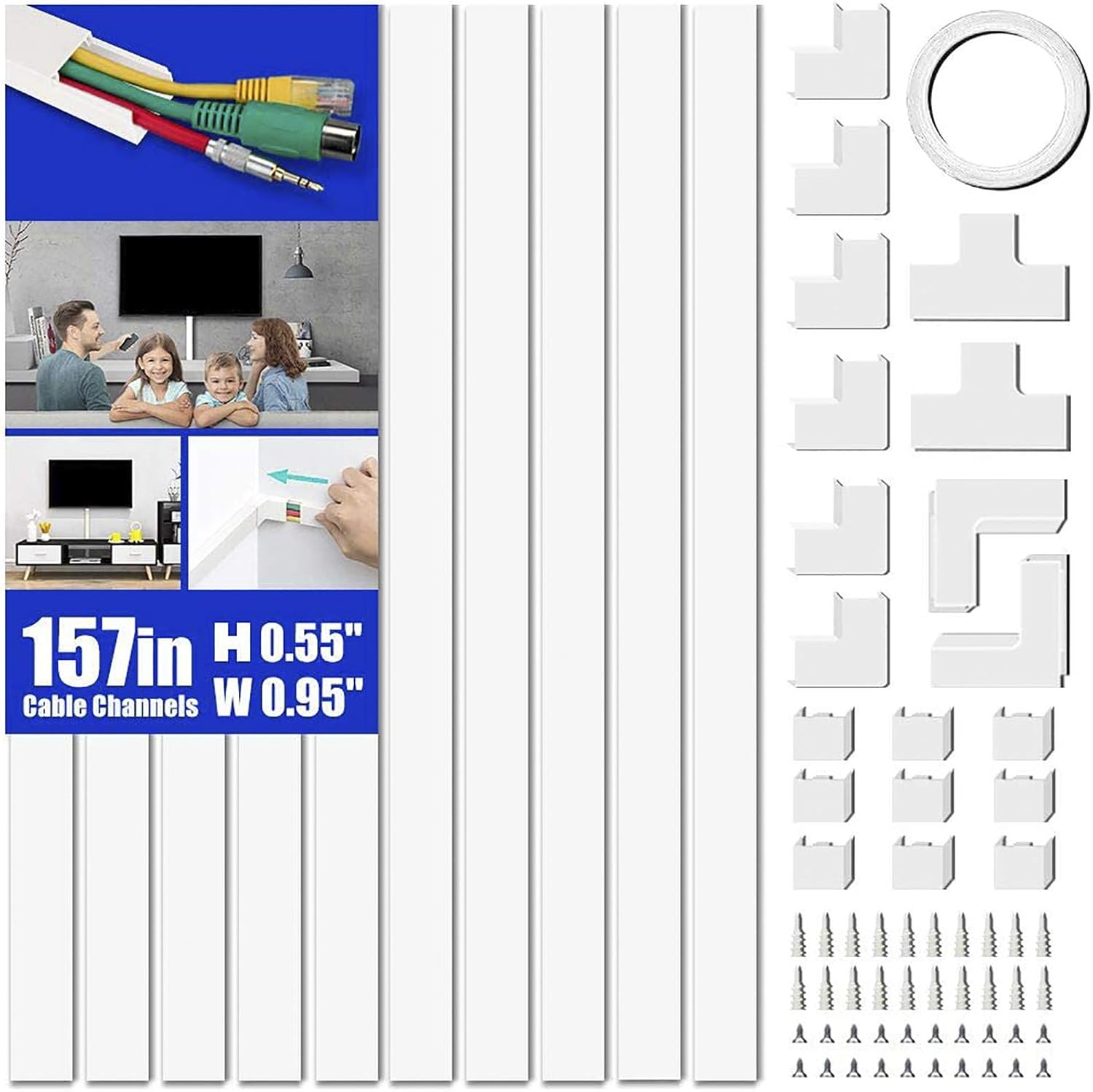 Cord Cover Raceway Kit, 157in Cable Cover Channel, Paintable Cord Concealer System Cable Hider, Cord Wires, Hiding Wall Mount TV Powers Cords in Home Office, 10X L15.7in X W0.95in X 0.55in: Home Audio & Theater
