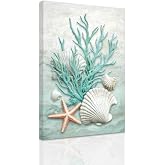 SWQYLB Coral Wall Art Teal Bathroom Pictures Starfish Shell Decor Coastal Canvas Artwork Prints Ocean Theme Bedroom Kitchen Office Living Room Home Decor Framed (12"x18")