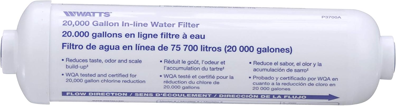 Watts Inline Water Filter 20, 000 gallon Capacity- Inline Filter for refrigerator, Ice Maker, Under Sink, and Reduces Bad Taste, Odors, Chlorine and Sediment in Drinking Water - Replacement Refrigerator Dispenser Water Filters - 