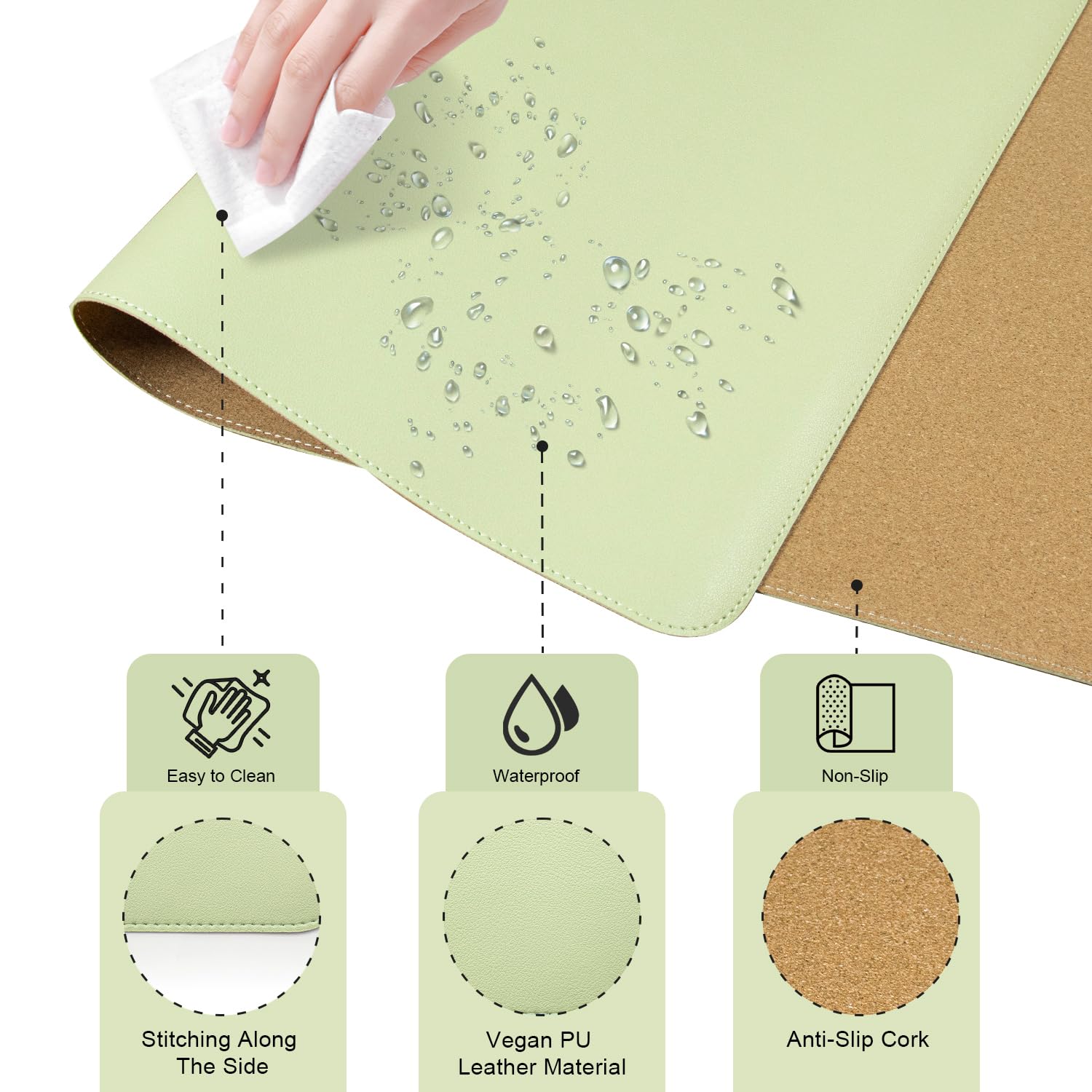 BLESWIN Leder-Schreibtischunterlage, Rutschfeste Große Mausunterlage, Computer- und Laptop-Matte, Schreibtisch-Schreibtischmatte für das Schreiben, Schreibtisch-Blotter-Pads Dekor (Matcha, 80x40CM) 2
