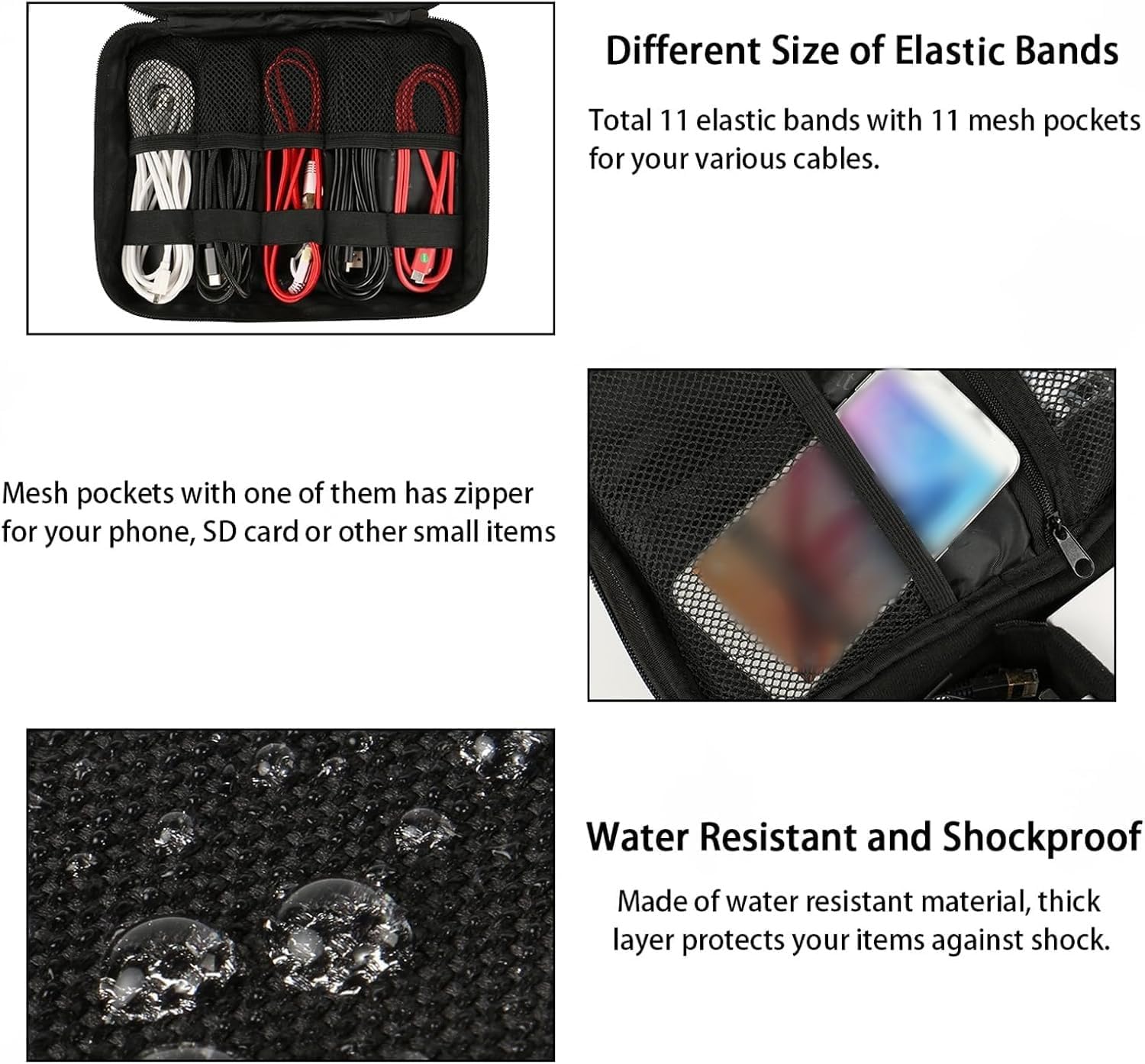 MATEIN Electronics Organizer, Waterproof Travel Electronic Accessories Case Portable Double Layer Cable Storage Bag for Cord, Charger, Power Bank, Flash Drive, Phone, Tablet, SD Card, Black