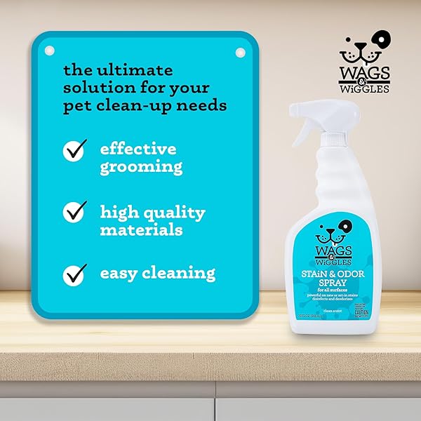 WAGS & WIGGLES STAIN & ODOR REMOVER SPRAY – PET CARPET CLEANER FOR STAINS, OXYGEN-POWERED CLEANER FOR DOG & CAT URINE, DEODORIZER WITH CLEAN SCENT, PET ODOR ELIMINATOR FOR HOME, 32 FL OZ