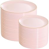 PULOTE 200Pieces Pink Plastic Plates - Premium Hard Pink and Gold Disposable - Include 100PCS 10 inch Dinner & 100PCS 7 inch Dessert Plates, Ideal for Wedding, Party & Valentines Day