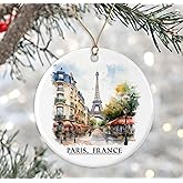 Paris France Eiffel Tower Watercolor Ornament, Paris Xmas Ornament, Gift For Paris Lover, Honeymoon Anniversary, Keepsake Ornament, Travel Souvenirs, Xmas Ornament Ceramic Printed on Both Sides