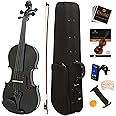Mendini By Cecilio Violin 4/4 Full Size For Beginners - Fiddle Solidwood Kit with Hard Case - Acoustic Violins with Bow, Rosin, Tuner, Extra Strings & Bridge, Shoulder Rest and Lesson Book (Black)