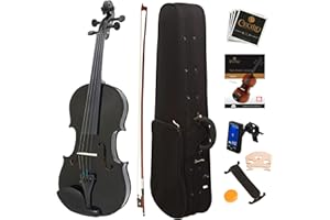 Mendini By Cecilio Violin For Kids & Adults - 4/4 MV Metallic Black Violins, Student or Beginners Kit w/Case, Bow, Extra Strings, Tuner, Lesson Book - Stringed Musical Instruments
