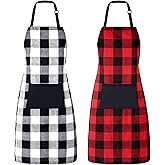 Geyoga 2 Pieces Aprons Buffalo Plaid Apron with Pocket Cotton Cooking Apron Adjustable Buffalo Check Bib Aprons for Cooking Baking Christmas(Black and White, Black and Red,2 Pieces)
