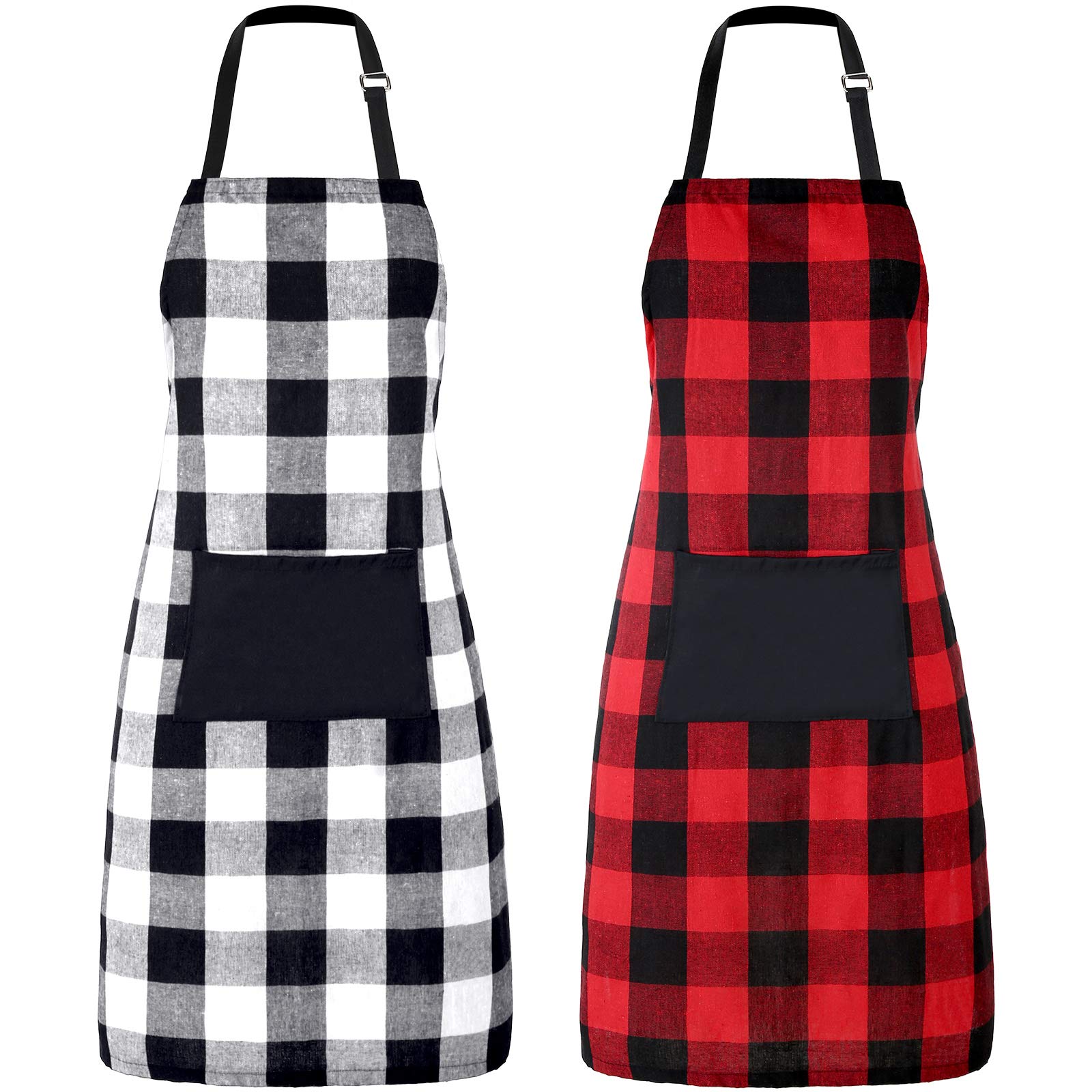 Geyoga 2 Pieces Christmas Aprons Buffalo Plaid Apron Cotton Cooking Apron Adjustable Buffalo Check Bib Aprons with Pocket for Cooking Baking(Black and White, Black and Red,2 Pieces)