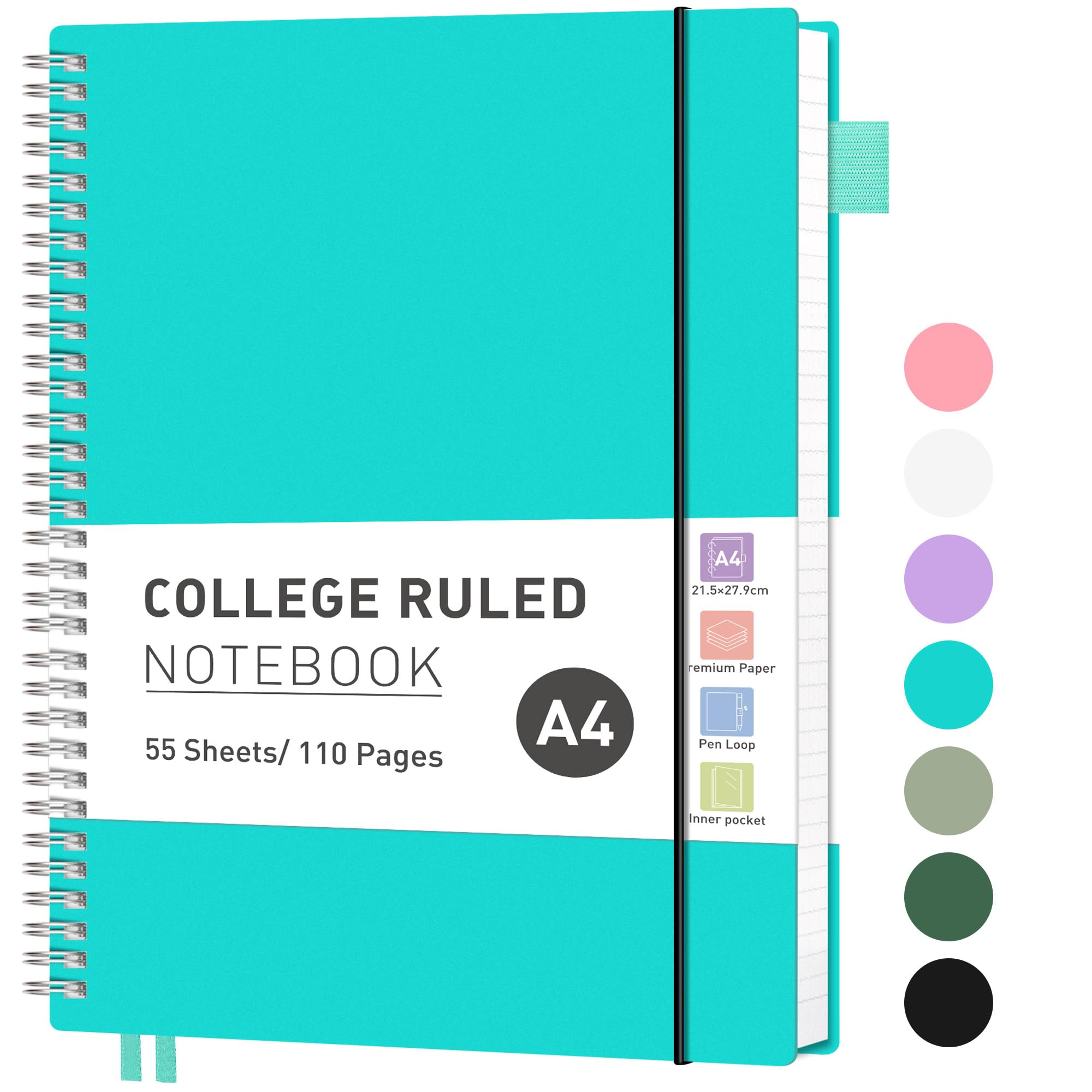 RETTACY A4 Notebook, Lined Wirebound Spiral Notebook College Ruled Paper 110 Pages for Writing, Journals for Women 100gsm, PVC Pocket, Pen Loop, Ruler, Bookmark, 21.5 x 27.9cm - Turquoise