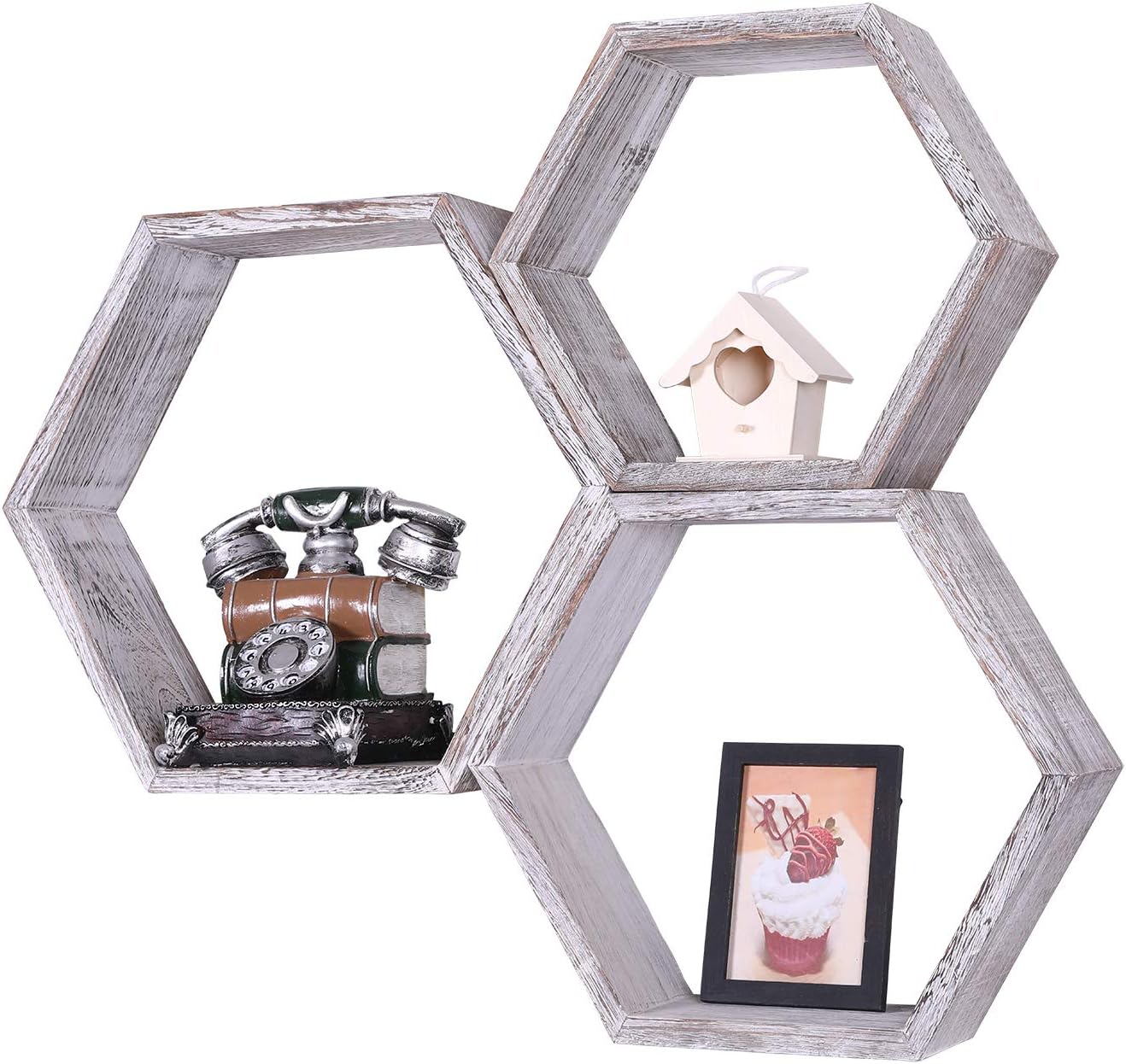 Rustic White Wall Mounted Hexagonal Floating Shelves, Set of 3, Large, Medium and Small, Screws and Anchors Included - Image 4