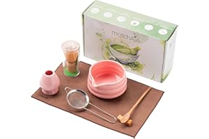 MatchAiA Matcha Whisk Set - Ceramic Bowl, Bamboo Whisk with Holder, Sifter, Schima Spoon, Spoon Rest and Tea Towel - 7 Pcs Complete Kit for Traditional Matcha and Modern Lattes (Pink)