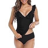 Hilor Women's Tankini Swimsuits Shirred Tummy Control Swimwear Ruffled V Neck Two Piece Bathing Suits