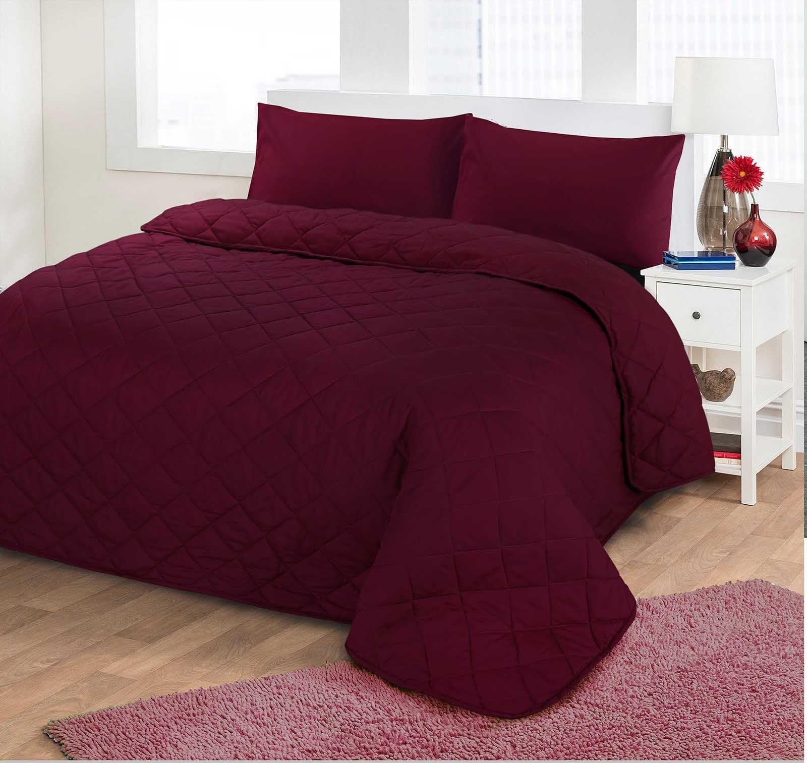 Nimsay HomePlain Dyed Poly Cotton - Easy Care Quilted Bedspread Modern New Vintage Solid Colour Reversible Patchwork Coverlet Comforter, Plum Maroon - Double 200 x 200