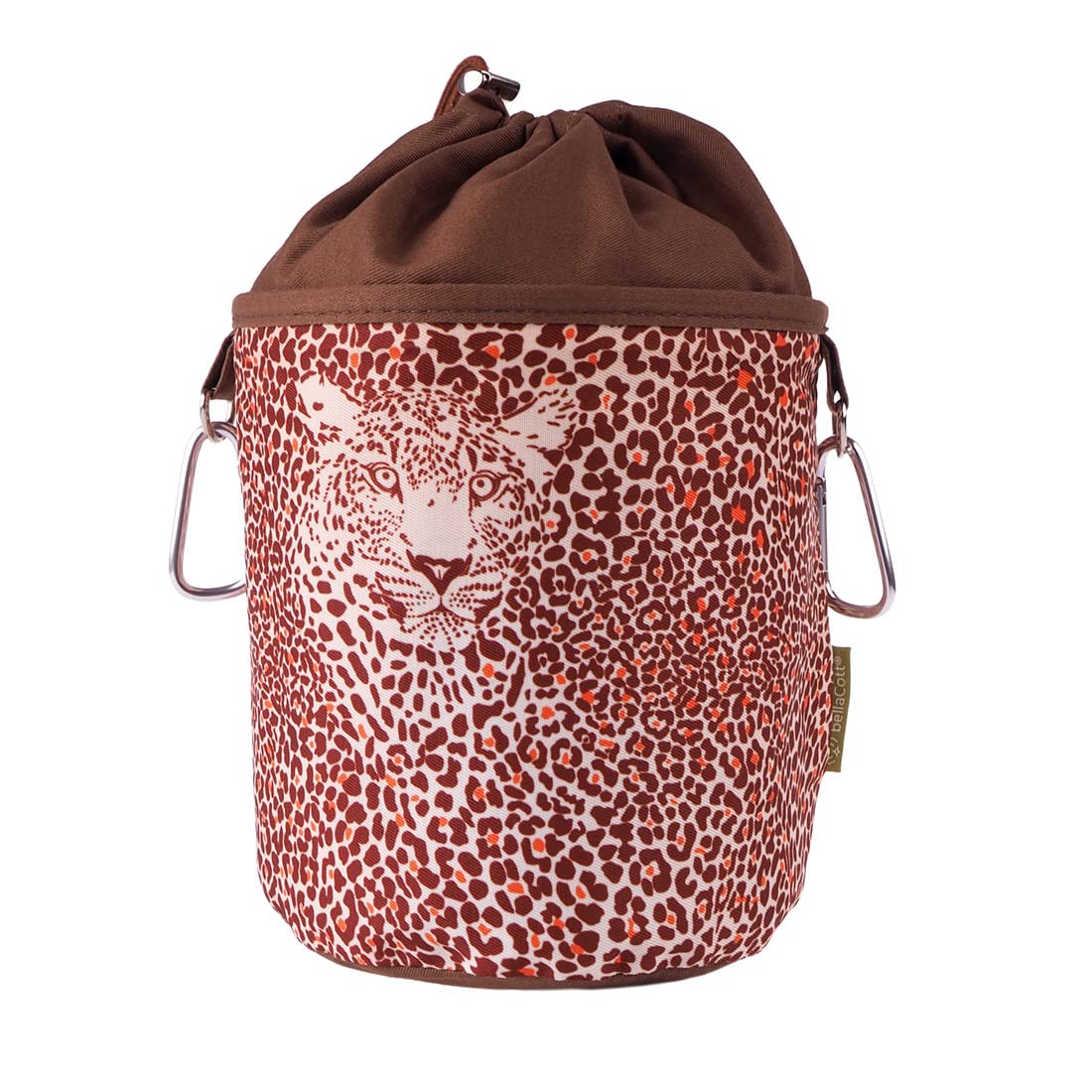 bellaCott Portable Clothes peg Bag for Hanging, Cotton with 2 Sturdy Carabiner Hooks, Drawstring Closure and Metal Stopper for Storing Clothes pegs, Ø 17 cm x 28 cm, Design: Brown Leopard