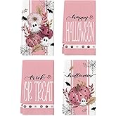 Artoid Mode Pink Ghost Polka Dot Pumpkin Happy Halloween Kitchen Towels Dish Towels, 18x26 Inch Farmhouse Bat Flower Decoration Hand Towels Set of 4
