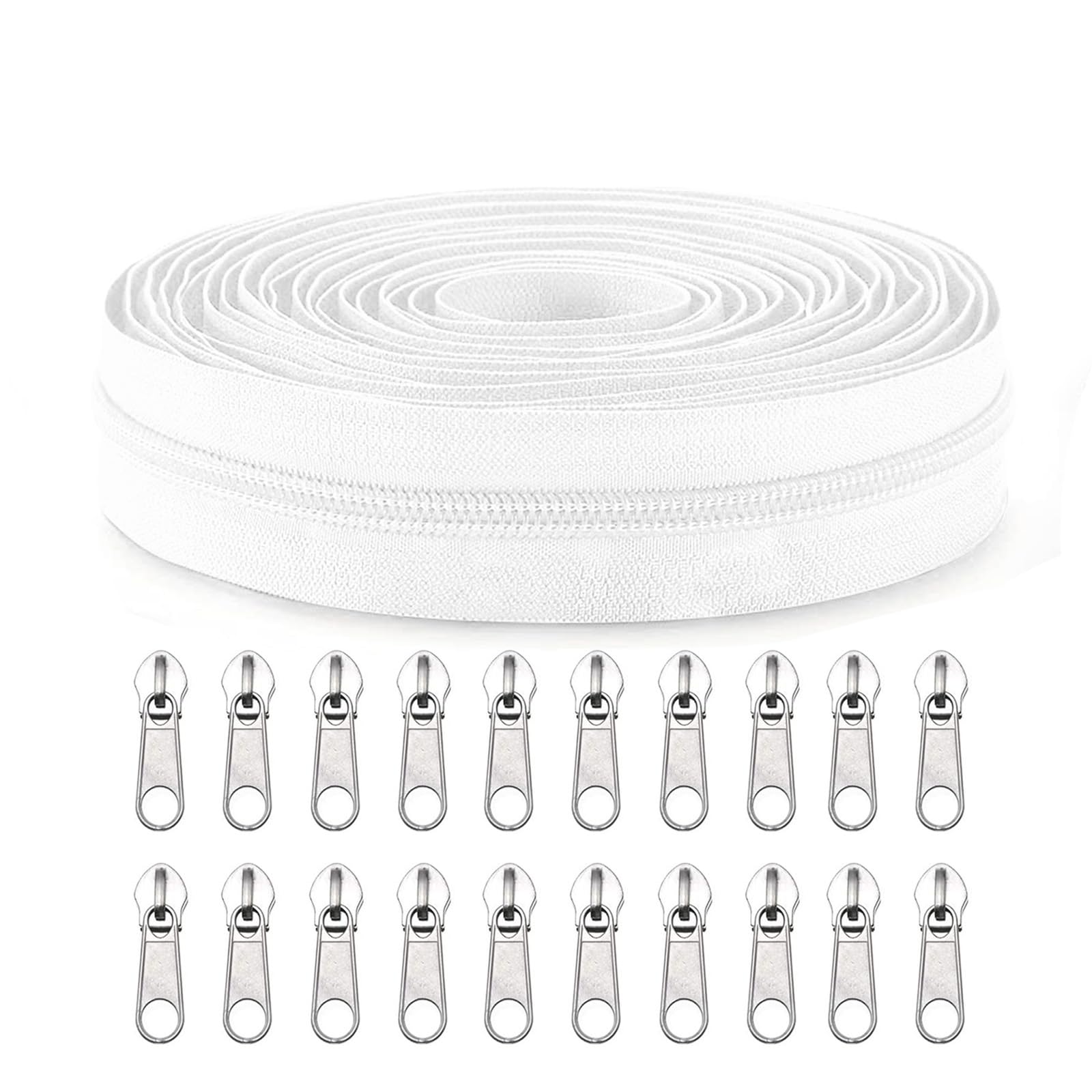 Sawoake #3 Nylon Coil Zippers by The Yard Bulk 10 Yards with 20pcs Zipper Sliders for DIY Sewing Tailor Craft Bag Garment Home Textile…(White)
