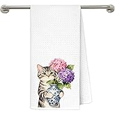 awdschkj Hydrangea Tabby Cat Kitchen Towels, Cat Mom Lady Lovers Gifts Dish Tea Towels, Chinoiserie Porcelain Floral Kitten Kitty Decorative Hand Towel for Bathroom, 16x24 Inches