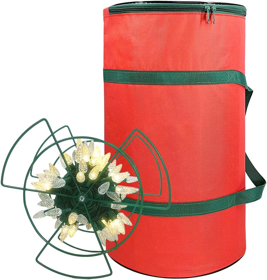 Holiday Décor Storage - Sattiyrch Christmas Light Storage Bag - with 4 Metal Reels to Store A Lot of Holiday Christmas Lights Bulbs, Tear Proof 600D Oxford Fabric, Reinforced Stitched Handles