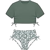 CRISONE Girls Swimsuits Short Sleeve Bathing Suit Solid 2 Piece Drawstring Swimwear