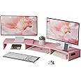 BONTEC Dual Monitor Stand Riser with Smartphone Holder, Adjustable Length & Swivel Angle Wooden Desktop Organizer Stand PC Riser for PC Monitor Laptop Printer, Pink