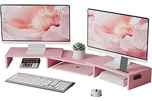 BONTEC Dual Monitor Stand Riser with Smartphone Holder, Adjustable Length & Swivel Angle, Ergonomic Wooden Desktop Organizer 