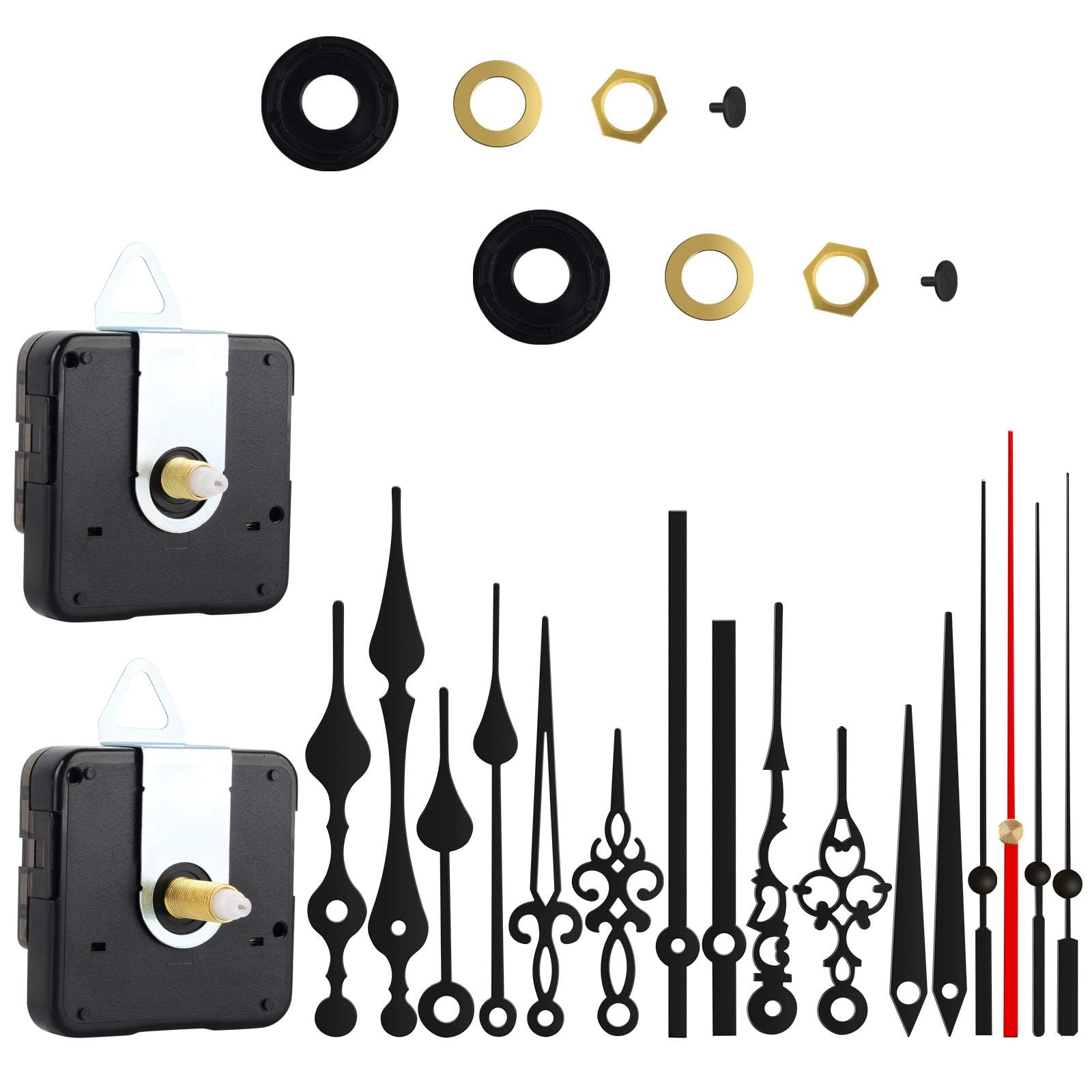 DASHUAIGE 2 Pack Silent Quartz Clock Movement with Hands, 6 Pairs of Long and Short Shafts, Battery Powered Mechanism for DIY Wall Clock Repair & Replacement (black)