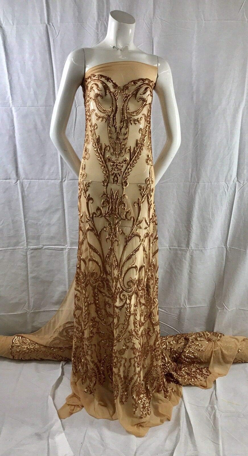 MATT GOLD STRETCH MESH W/GOLD SEQUIN EMBROIDERY LACE FABRIC 52" WIDE 1 YARD