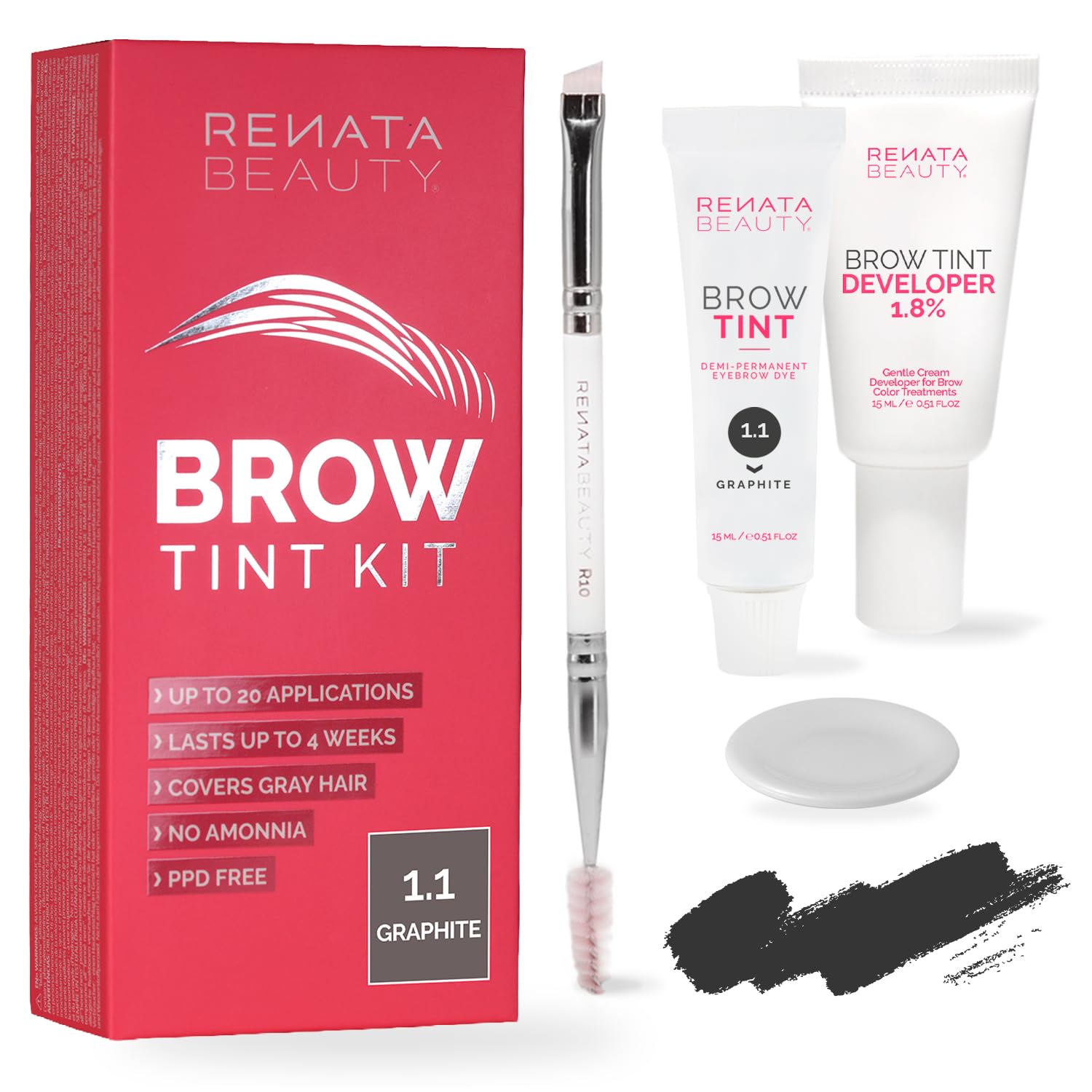 RB RENATA BEAUTY Brow Tint Kit – Eyebrow Tint Set – Dye Kit with Color Tint, Cream Developer and Styling Brush – Long-Lasting Effect Up to 4 Weeks – 30 Applications [Graphite]