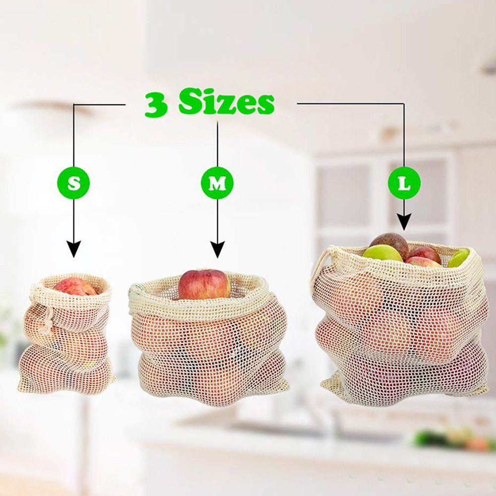 Reusable Produce Bags, DayBuy Organic Cotton Grocery Bag[Natural Cotton Mesh is Biodegradable][Zero-Waste] for Grocery Shopping and Storage, Recyclable, Washable - Set of 9 (3 ea. S, M, L)
