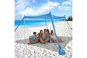 THEREUGOKINEXIO Beach Tent Sun Shelter with UPF 50+ UV Protection, Beach Canopy Sun Shade 11x11 FT with Sandbags, Poles and Ground Pegs and Anti-Wind Ropes, Pop Up Tent for Camping, Backyard and Picnics